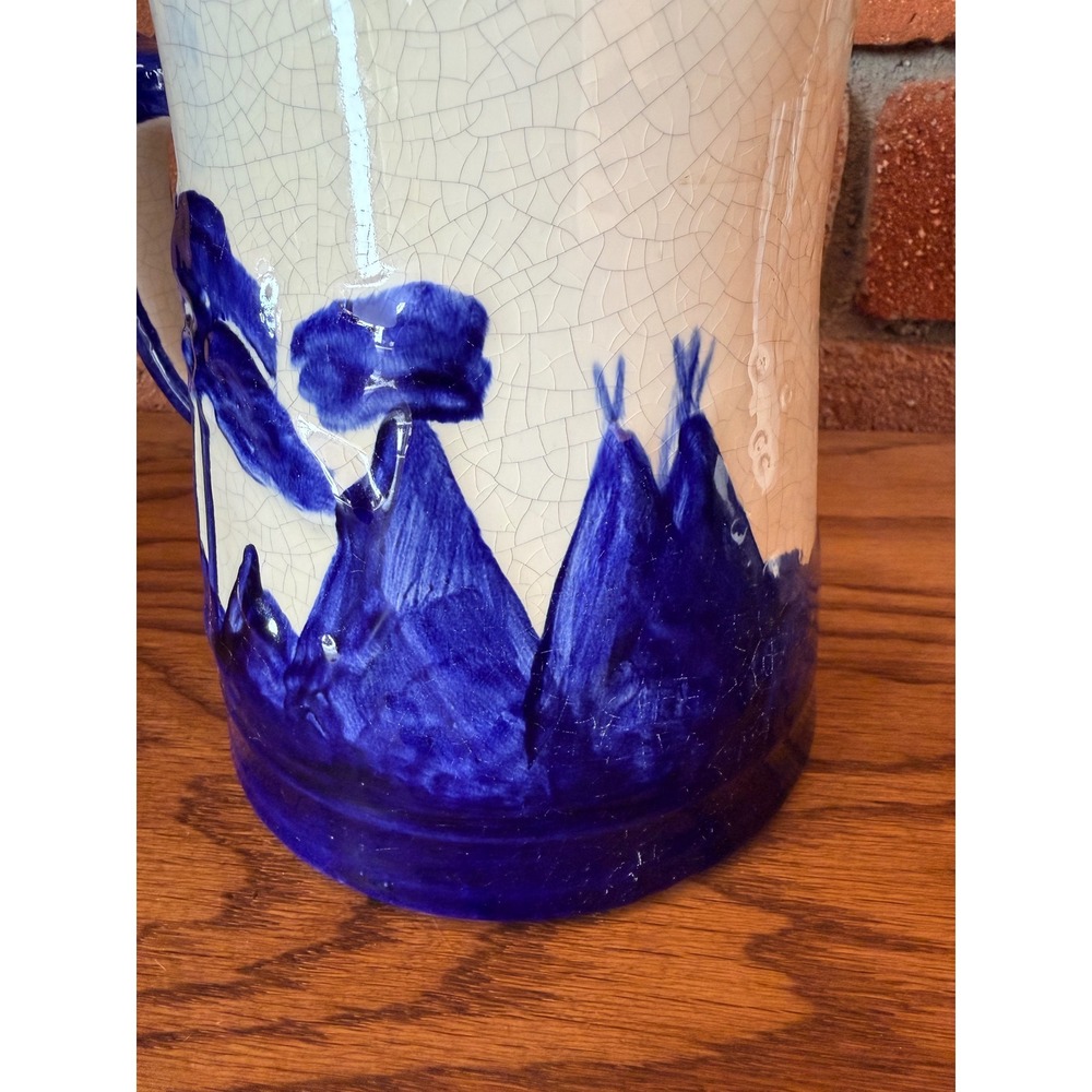 Vintage Old Sleepy Eye-style pitcher, cobalt and cream crackle glaze, 7.5" tall - Picture 6 of 10